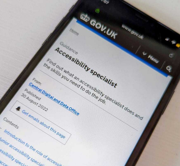 Mobile phone screen showing the DDaT web page entry for the accessibility profession