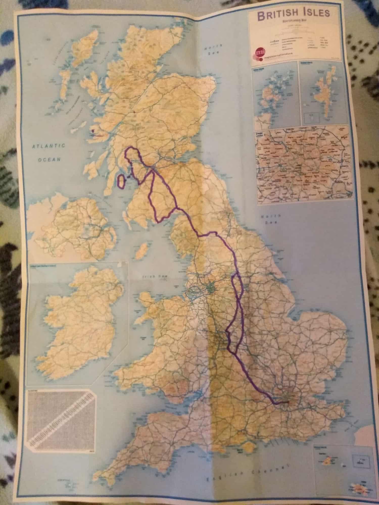 Very rough sketch of route I took across motorways and overall route up to Loch Lomond and back